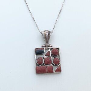 Vintage 925 Sterling Silver Mahogany Jasper Geometric Pendant Necklace